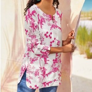 NWT Soft Surroundings Tunic Pink White Size S Etienne Embroidery 100% Cotton
